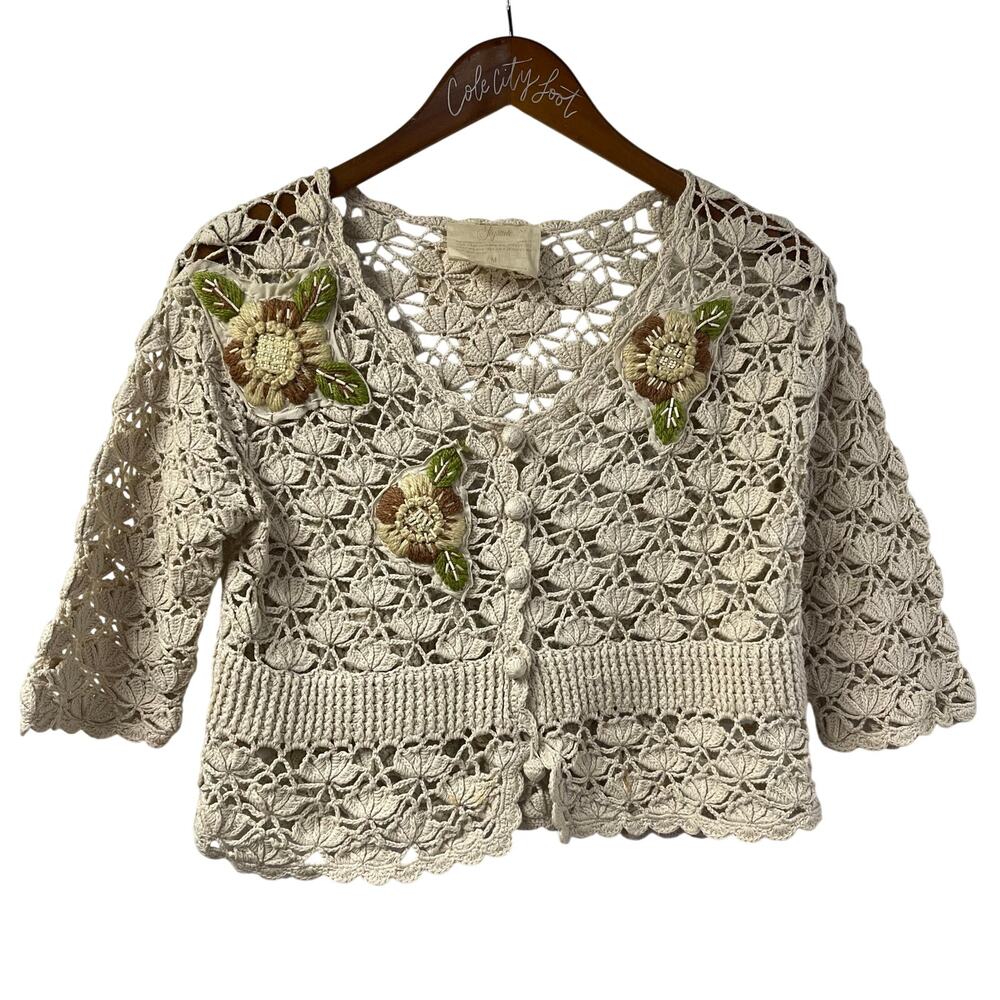 Joystick by Johnny Was Crochet Cardigan Medium 100% Cotton Floral Sheer Vintage